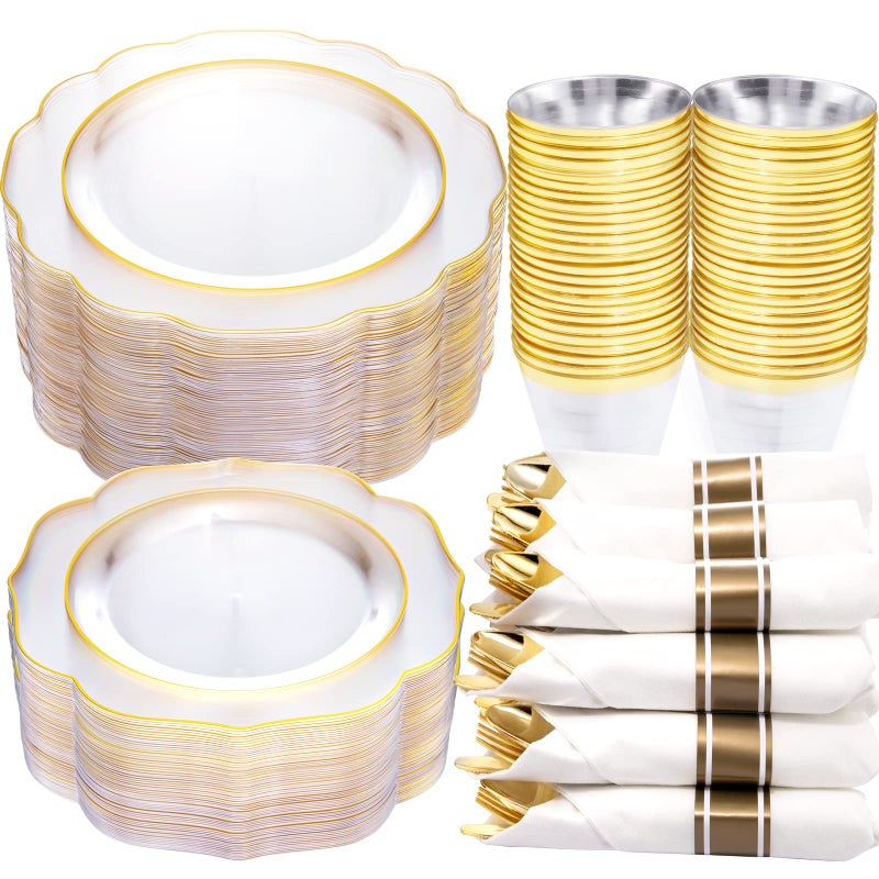NOCCUR 50Guest Gold Rim Clear Plastic PlatesDisposable Silverware CupsInclude 100Plastic Plates 150Gold Utensils 50Cups and 50NapkinsIdea for WeddingParty - Image 3