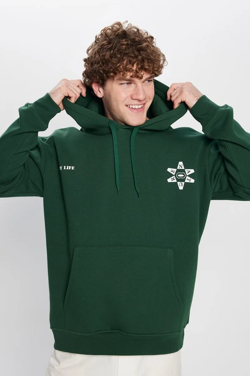 تودورس Oversize Wide Cut Cotton Soft Textured Polar Fleece Printed Green Hooded Sweatshirt