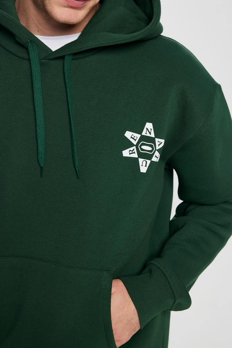 تودورس Oversize Wide Cut Cotton Soft Textured Polar Fleece Printed Green Hooded Sweatshirt