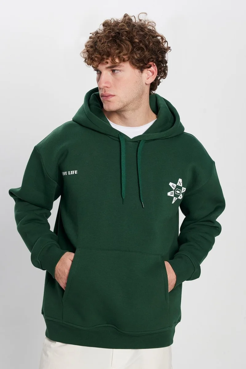 تودورس Oversize Wide Cut Cotton Soft Textured Polar Fleece Printed Green Hooded Sweatshirt