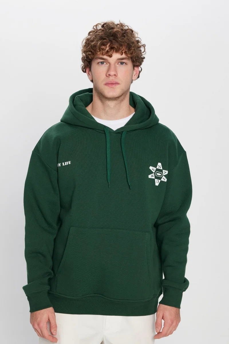 تودورس Oversize Wide Cut Cotton Soft Textured Polar Fleece Printed Green Hooded Sweatshirt