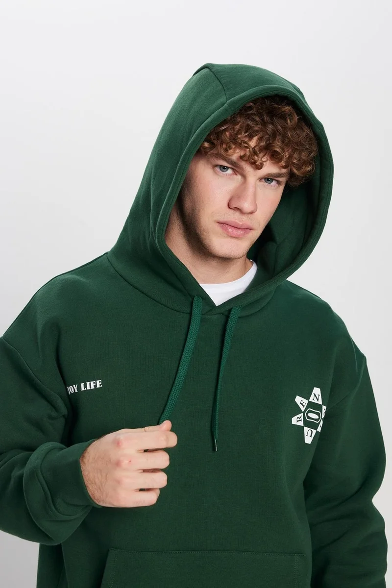تودورس Oversize Wide Cut Cotton Soft Textured Polar Fleece Printed Green Hooded Sweatshirt