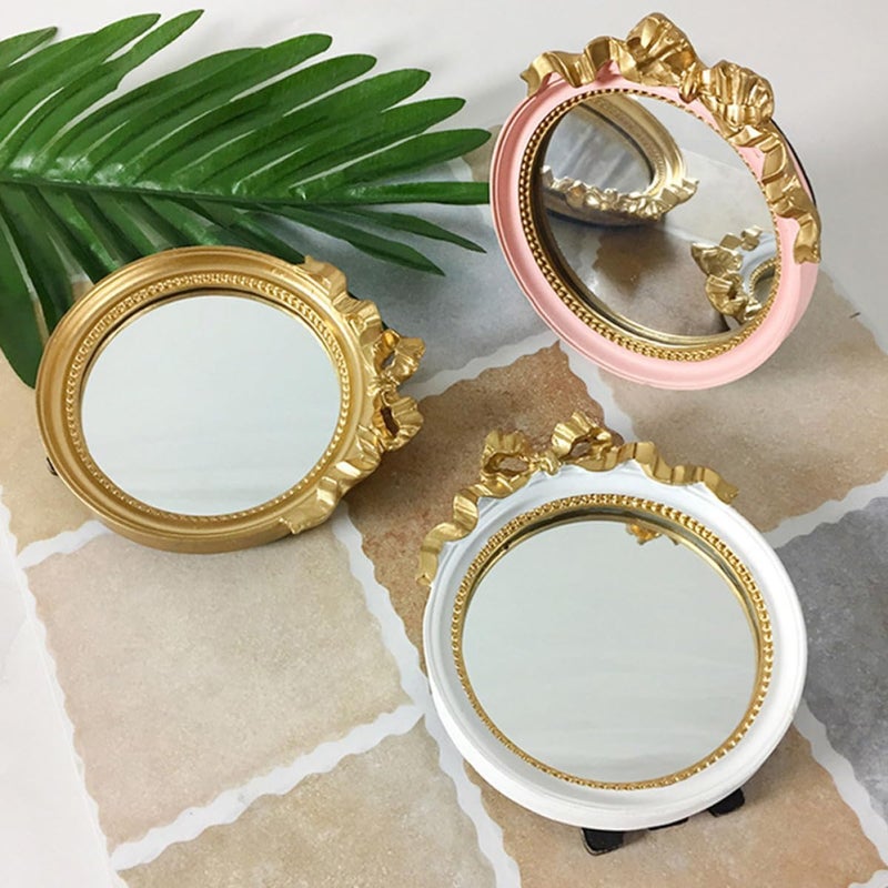LABRIMP Circular Small Bowknot Makeup Mirror, Portable Handheld Women’s Resin Mirror for Travel and Daily Makeup Use, Gold Color - Image 4
