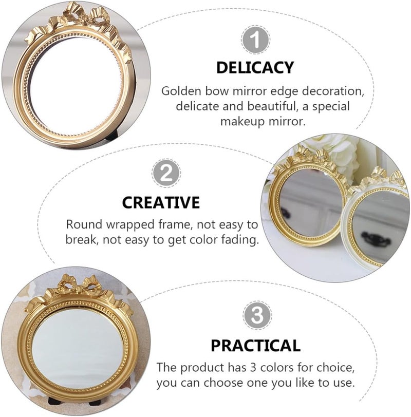 LABRIMP Circular Small Bowknot Makeup Mirror, Portable Handheld Women’s Resin Mirror for Travel and Daily Makeup Use, Gold Color - Image 3