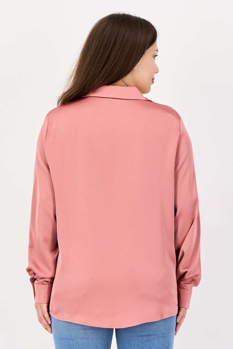 bebe Women Spread Collar Long Sleeves Plain Shirt, Old Rose - Image 4