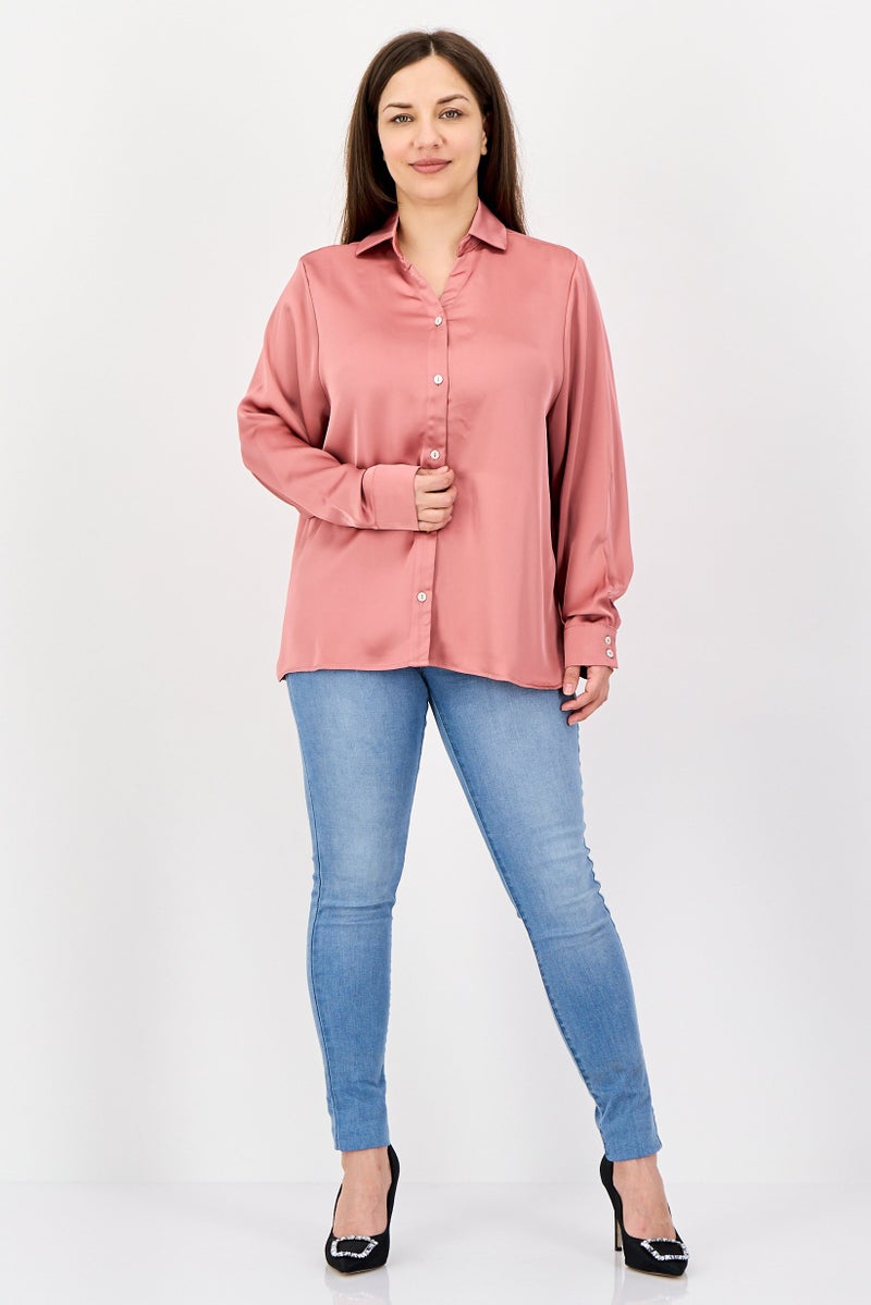 bebe Women Spread Collar Long Sleeves Plain Shirt, Old Rose - Image 3