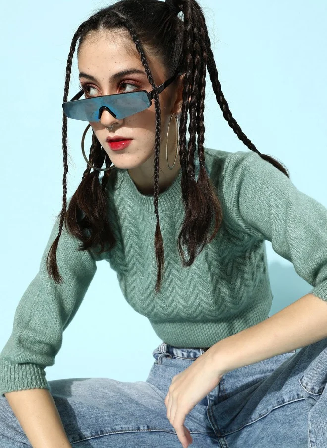 STREET 9 Mint Green Ribbed Acrylic Crop Pullover for Women