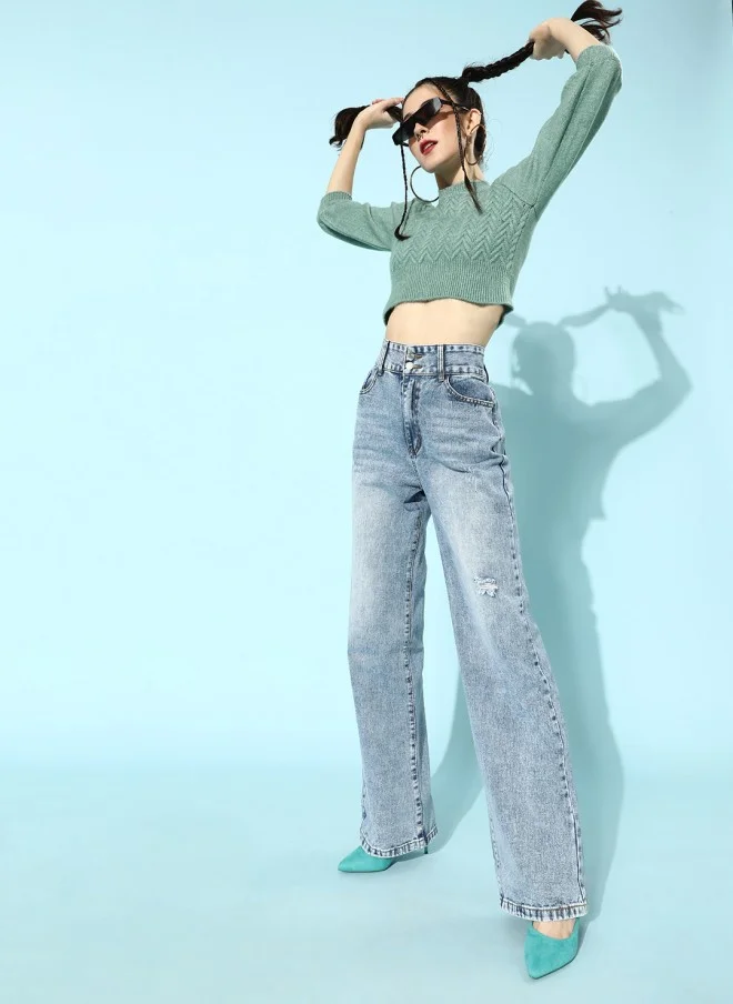 STREET 9 Mint Green Ribbed Acrylic Crop Pullover for Women