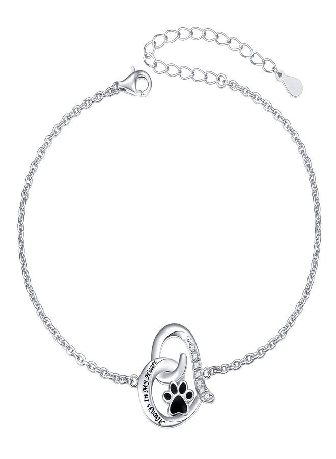 FLYOW 925 Sterling Silver Engraved Always In My Heart Cat Puppy Dog Paw Print Heart Bracelet Jewelry for Women Friends Pet Lover, 7 inch - Image 1
