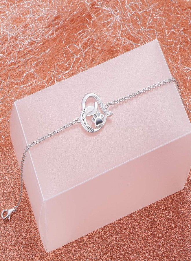 FLYOW 925 Sterling Silver Engraved Always In My Heart Cat Puppy Dog Paw Print Heart Bracelet Jewelry for Women Friends Pet Lover, 7 inch - Image 4