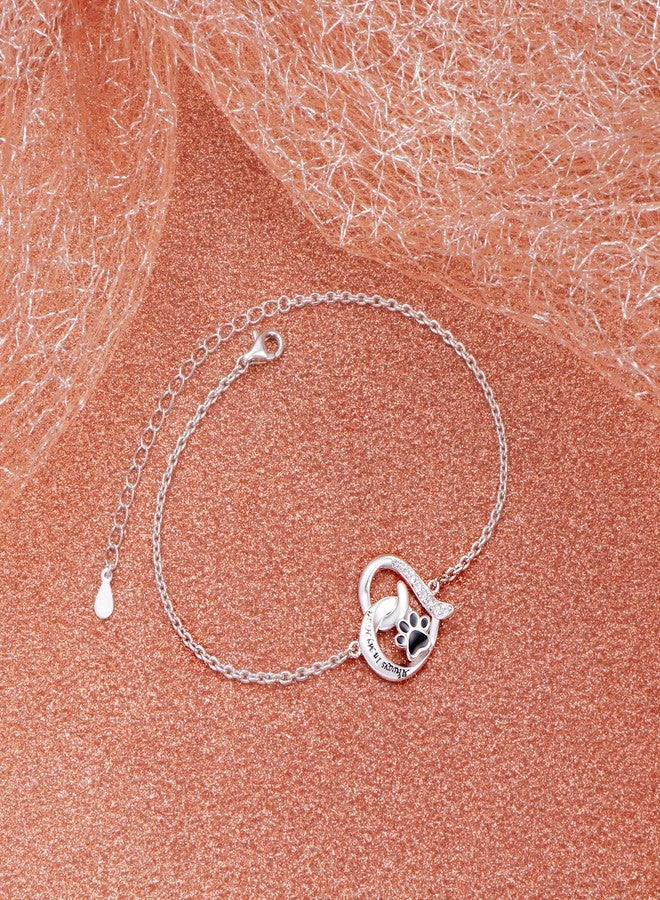 FLYOW 925 Sterling Silver Engraved Always In My Heart Cat Puppy Dog Paw Print Heart Bracelet Jewelry for Women Friends Pet Lover, 7 inch - Image 3