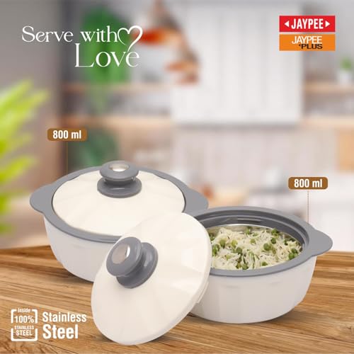 JAYPEE HOTFEAST Inner Stainless Steel Casserole Twin Set of 2, 800ml, BPA Free Insulated casserole Set |Sabji Container |Small Chapati Box |Food Grade Serving Set, White - Image 3