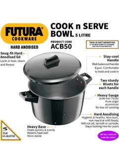 Hawkins 5 Liters Futura Aluminium Hard Anodised Cook-N-Serve Bowl,Black  - Image 2