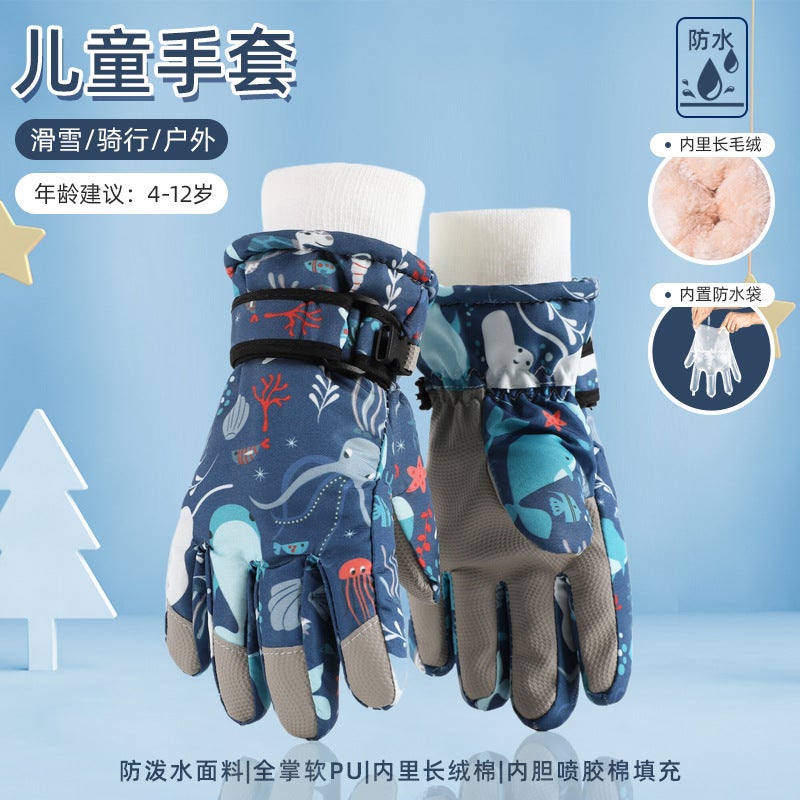 Generic Childrens ski gloves waterproof winter warm fleece-lined thickened boys and girls children ski special non-slip cross-border Undersea whale [hot recommendation]
