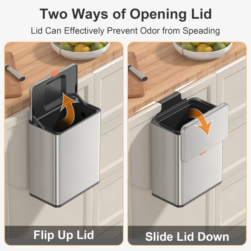 Mbillion Kitchen Compost Bin Hanging Trash Can with Lid 2.1 Gallon Stainless Steel Garbage Can for Kitchen Cabinet Door Mounted Trash Can Under Sink Door RV Bathroom,Silver - Image 3