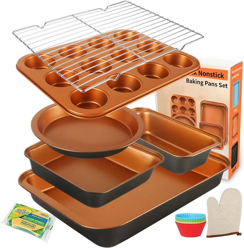 Barlket Baking Pans Set 6-Pieces, Non Stick Bakeware Set Stackable, with Cookie Sheet, Muffin, Round/Square Cake Pan, Loaf Pan, Rack, Oven Mitt for Home Baker, Gold - Image 1