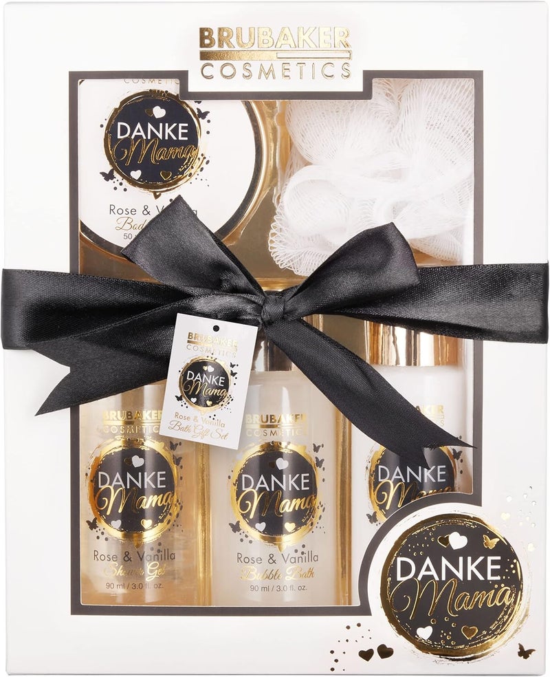 BRUBAKER Cosmetics Danke Mama Thank you Mum 5piece Shower and Bath Set with Rose Vanilla Scent Mother Gift Set with Exfoliating Sponge Care Set White Gold with Bow Black