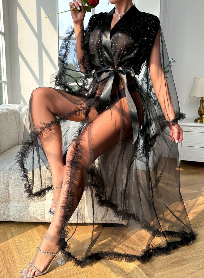 Take Two Black Sheer Mesh Robe with Rhinestones - Image 4