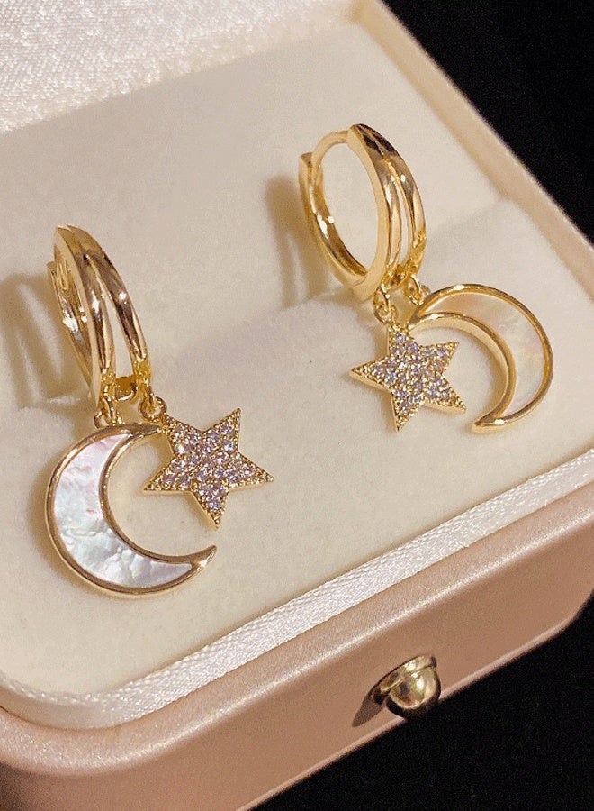 Gold Plated Moon Star Hoop Earrings for Women - Mother of Pearl Moon Earrings | Zircon Micro-Inlaid Asymmetric Fashion Ladies Earrings - Image 1