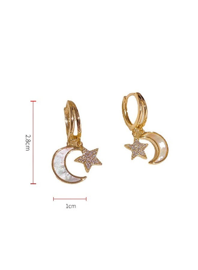 Gold Plated Moon Star Hoop Earrings for Women - Mother of Pearl Moon Earrings | Zircon Micro-Inlaid Asymmetric Fashion Ladies Earrings - Image 5