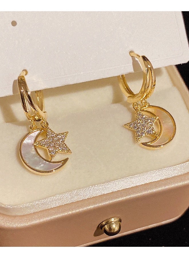 Gold Plated Moon Star Hoop Earrings for Women - Mother of Pearl Moon Earrings | Zircon Micro-Inlaid Asymmetric Fashion Ladies Earrings - Image 3
