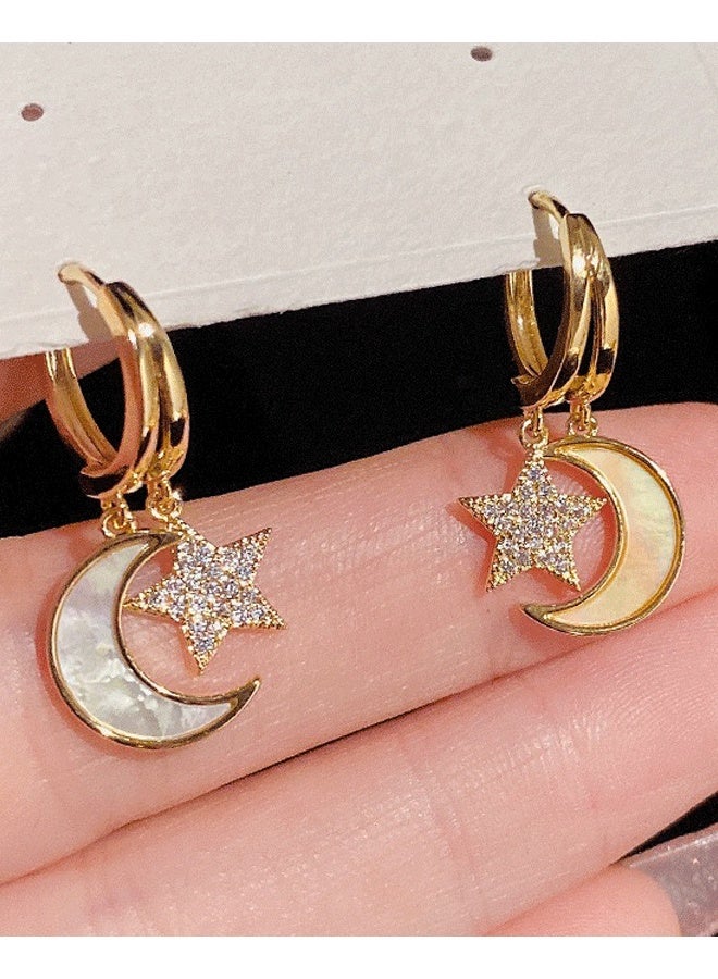 Gold Plated Moon Star Hoop Earrings for Women - Mother of Pearl Moon Earrings | Zircon Micro-Inlaid Asymmetric Fashion Ladies Earrings - Image 2