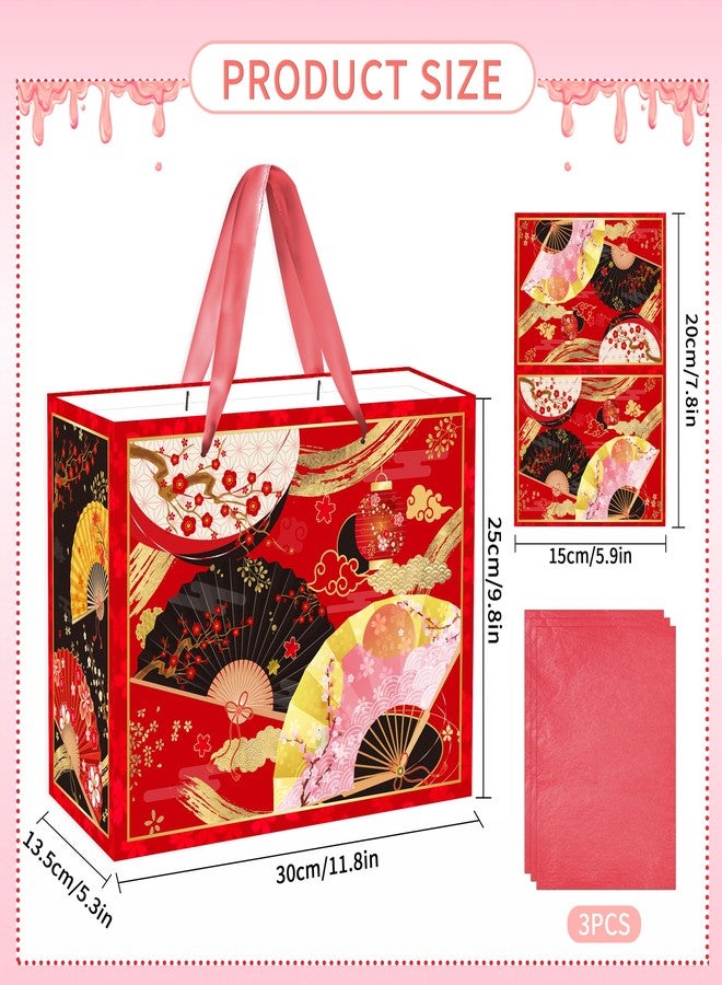 EoBeCy Japanese Gift Bags with Handles, Tissue Paper and Greeting Card, Japanese Fan Cherry Blossom Lantern Patterns Gift Wrapping Paper for Birthday Wedding Hibachi Party Favors Decorations - Image 3