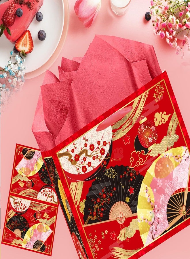EoBeCy Japanese Gift Bags with Handles, Tissue Paper and Greeting Card, Japanese Fan Cherry Blossom Lantern Patterns Gift Wrapping Paper for Birthday Wedding Hibachi Party Favors Decorations - Image 2