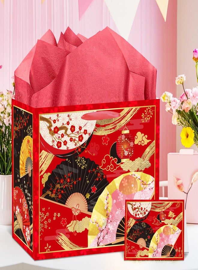 EoBeCy Japanese Gift Bags with Handles, Tissue Paper and Greeting Card, Japanese Fan Cherry Blossom Lantern Patterns Gift Wrapping Paper for Birthday Wedding Hibachi Party Favors Decorations - Image 5