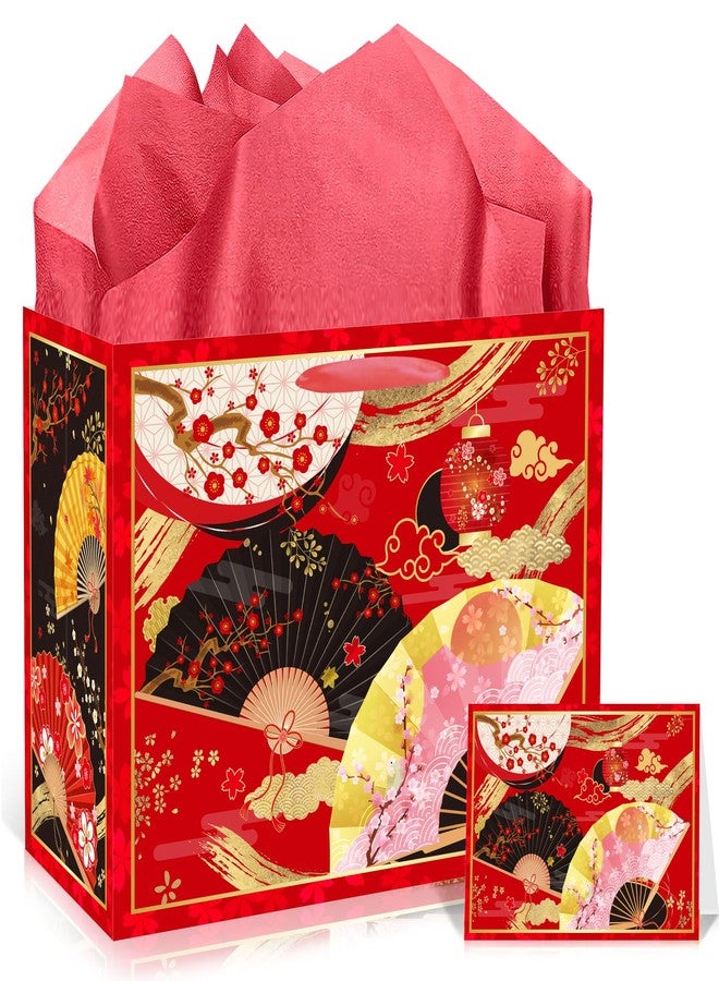 EoBeCy Japanese Gift Bags with Handles, Tissue Paper and Greeting Card, Japanese Fan Cherry Blossom Lantern Patterns Gift Wrapping Paper for Birthday Wedding Hibachi Party Favors Decorations - Image 1