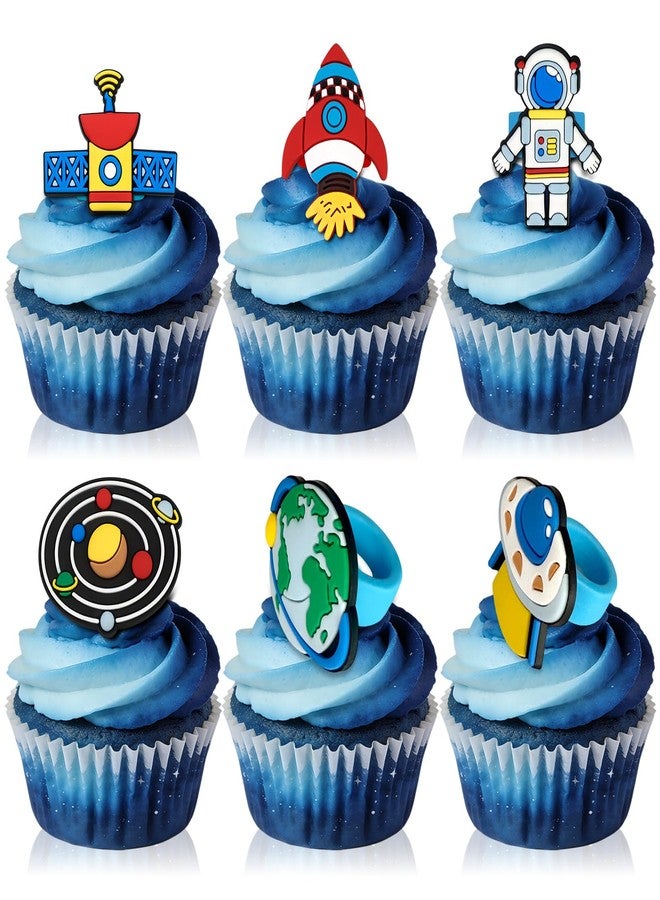 AKAIXI 24Pcs Space Astronaut Cupcake Toppers Ring Planet Rocket Spaceship Trip to the Moon Cupcake Picks Space Themed Party Cake Decorations for Birthday Baby Shower Outer Space Themed Party Supplies - Image 1