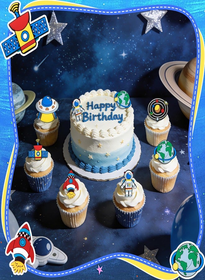 AKAIXI 24Pcs Space Astronaut Cupcake Toppers Ring Planet Rocket Spaceship Trip to the Moon Cupcake Picks Space Themed Party Cake Decorations for Birthday Baby Shower Outer Space Themed Party Supplies - Image 5