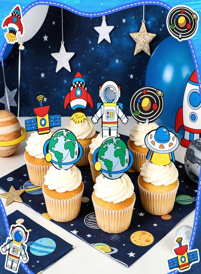 AKAIXI 24Pcs Space Astronaut Cupcake Toppers Ring Planet Rocket Spaceship Trip to the Moon Cupcake Picks Space Themed Party Cake Decorations for Birthday Baby Shower Outer Space Themed Party Supplies - Image 4