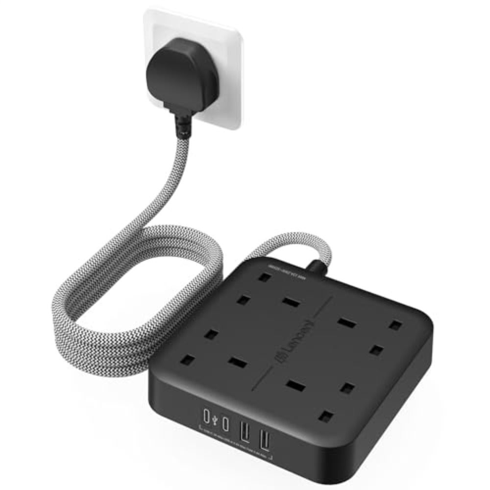 Home office extension lead with USB-C port, black braided 1.8M cord, 4-way outlets, 4 USB ports 3.4A total: 2 Type-C + 2 USB-A,multi-device charging power strip