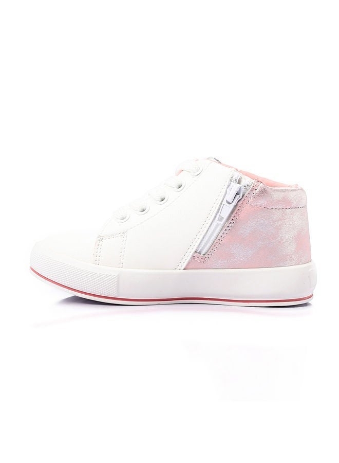 LOVELY LAND Girls High Neck Lace Up & Zipper Sneakers - White & Pink  - Image 1