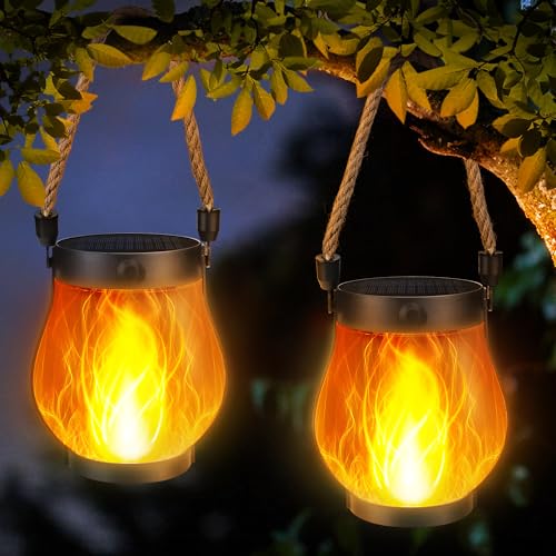 iBaycon 2 Pack Gen2 Solar Lanterns Lights UltraReal Flame Garden Lights with Dual Charging USB Solar 2 Modes Outdoor Waterproof Hanging Lantern for Yard Home Brithday Gifts Warm White - Image 1