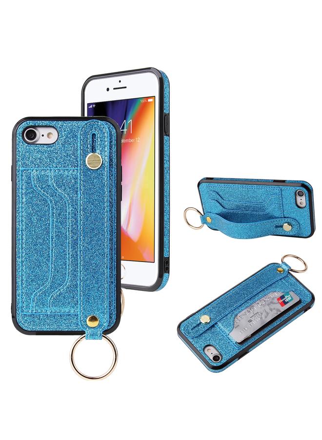 S-TOP Case For iPhone SE 2022 / SE 2020 / 8 / 7 Glitter Powder PU+TPU Shockproof Protective Case with Holder & Card Slots & Wrist Strap - Image 1
