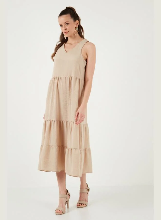 Lela  Lela Relaxed Fit V-Neck Ruffled Midi Dress Women's Dress 611EL011 for Women | Best Price UAE