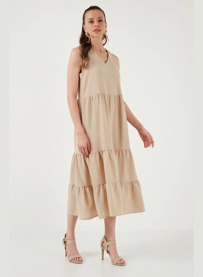 Lela  Lela Relaxed Fit V-Neck Ruffled Midi Dress Women's Dress 611EL011 for Women | Best Price UAE