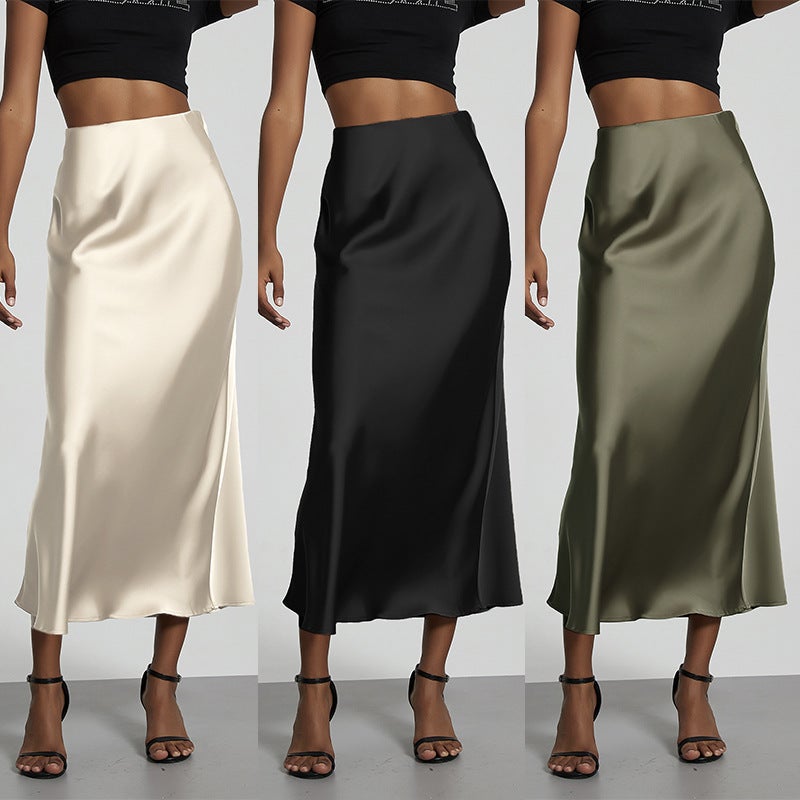 Women's Elegant Solid Satin Flared Maxi Skirt - Image 1