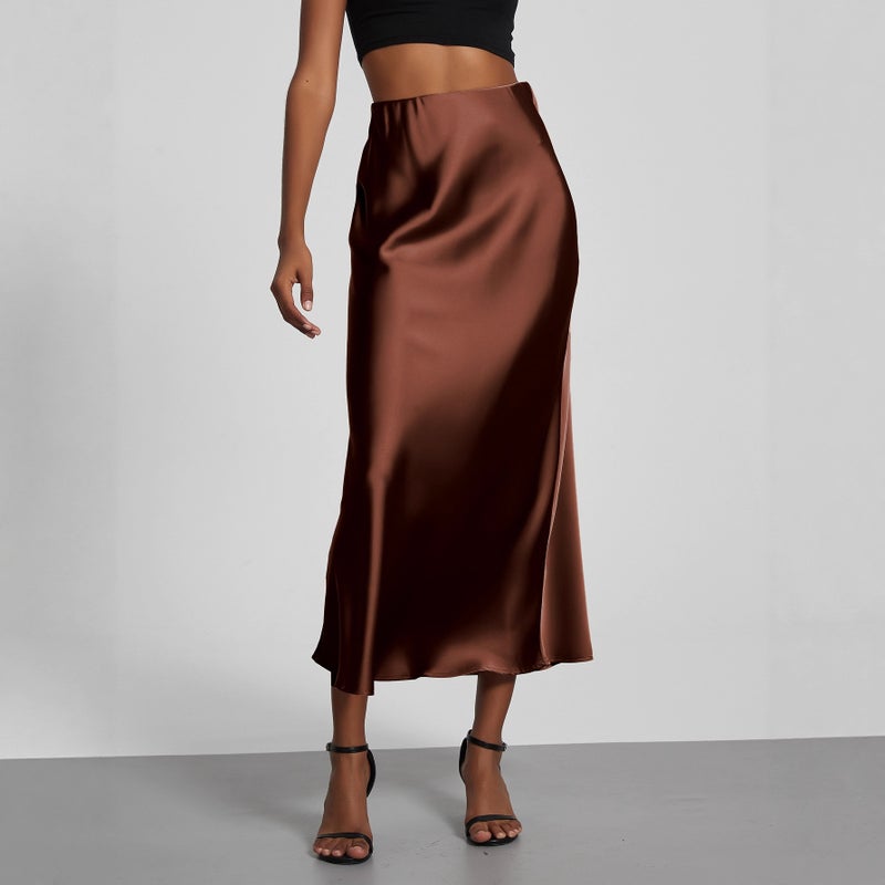 Women's Elegant Solid Satin Flared Maxi Skirt - Image 2