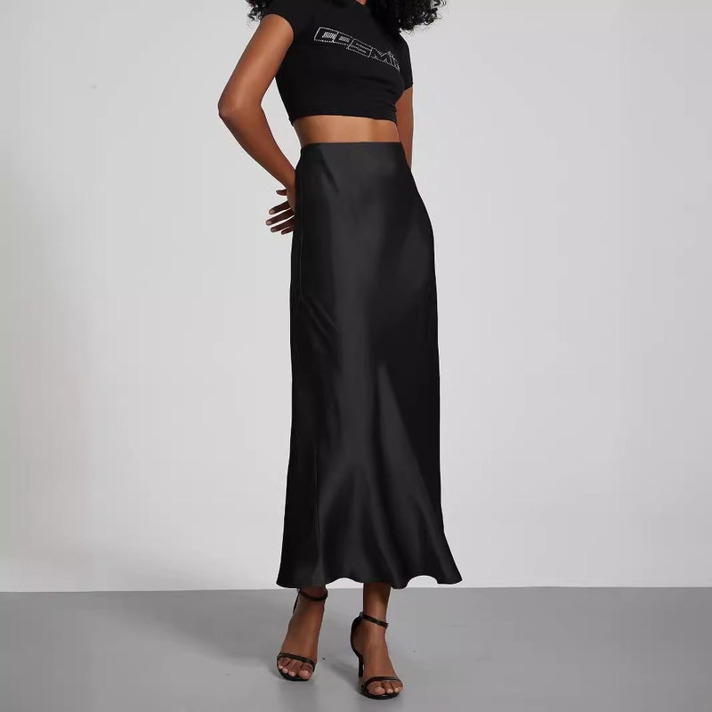 Women's Elegant Solid Satin Flared Maxi Skirt - Image 3