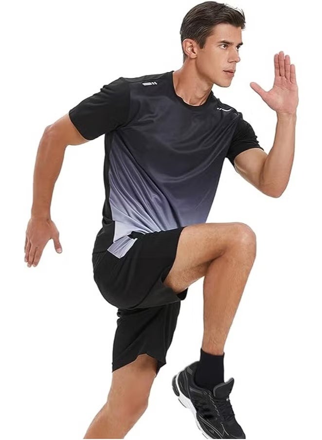 Jourvent Men's two-piece sportswear, quick-drying summer running gear, short-sleeved T-shirt and shorts, fitness training wear, lightweight sportswear for the gym, jogging, cycling and outdoor activities, color: gradient gray - Image 5