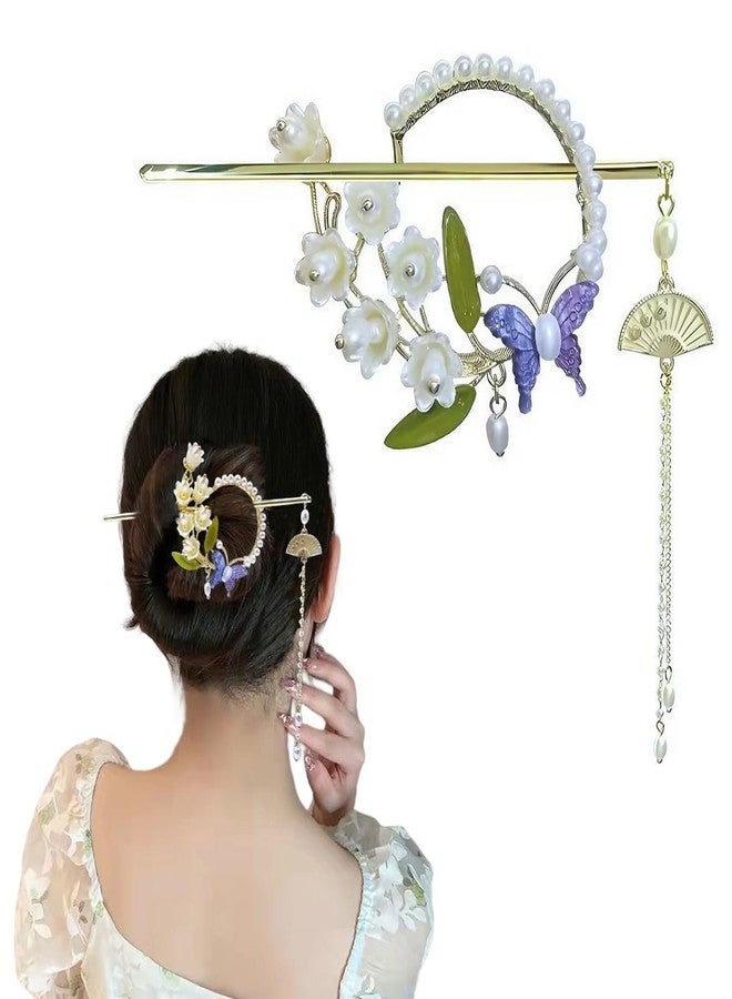 VSAKSH Lily of the Valley Hairpin, Retro Butterfly Flower Ring Shaped Hairpin, Women Pearl Tassel Hairpin, Hair Stick, Hanfu Hair Accessories, Gift - Image 1