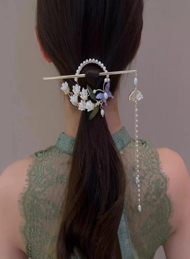 VSAKSH Lily of the Valley Hairpin, Retro Butterfly Flower Ring Shaped Hairpin, Women Pearl Tassel Hairpin, Hair Stick, Hanfu Hair Accessories, Gift - Image 4