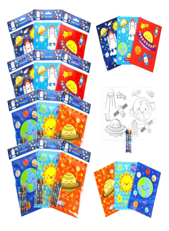 TINYMILLS Outer Space Coloring Book for Kids Party Favor Set with 12 Coloring Books and 48 Crayons Space Astronaut Rocket Birthday Party Supplies Outer Space Party Favor Bag Fillers - Image 1