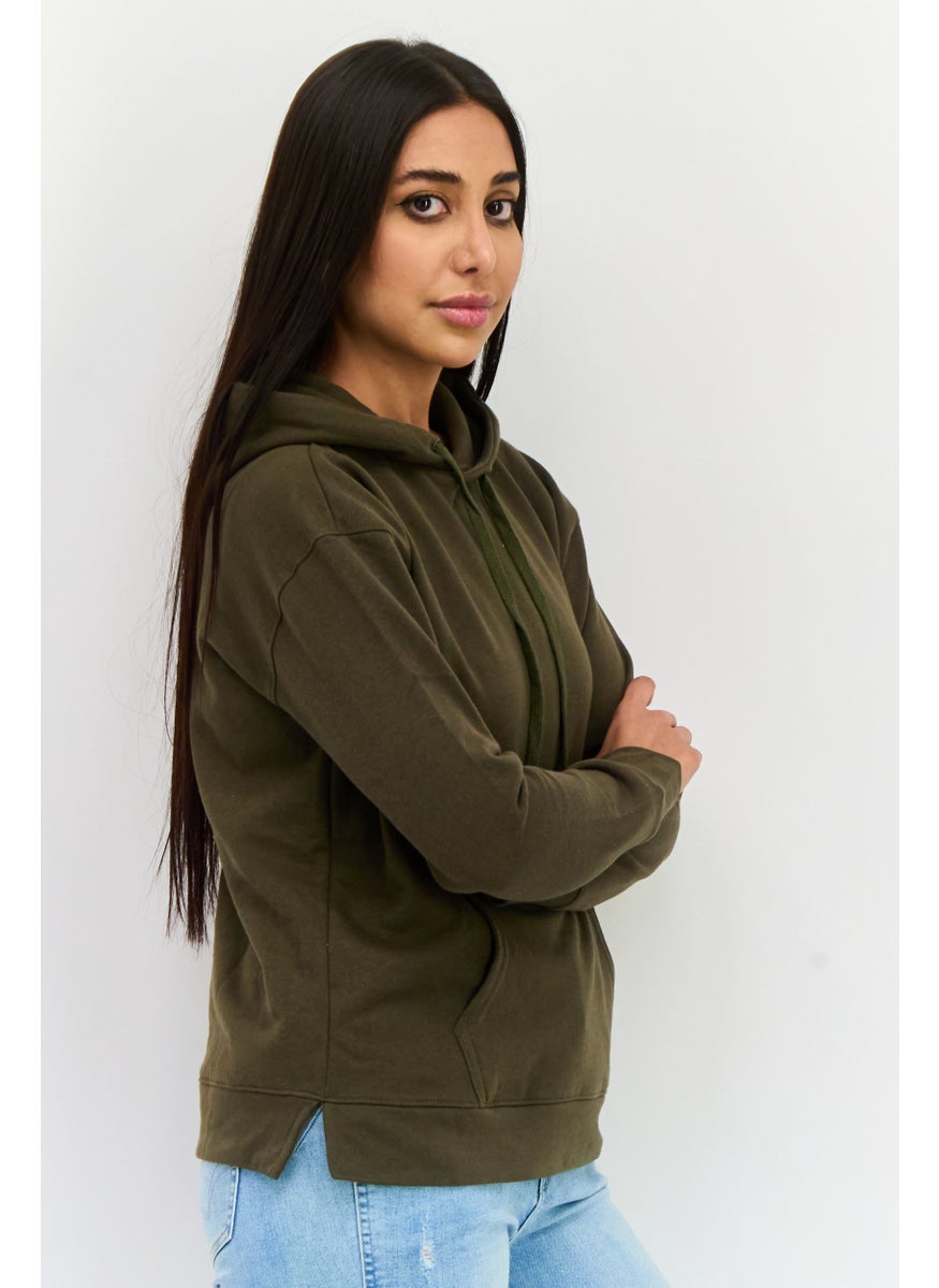 KANGOL - Women Hooded Embroidered Logo Long Sleeves Sweatshirt, Olive - Image 1