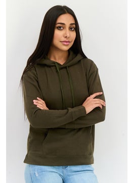 Women Hooded Embroidered Logo Long Sleeves Sweatshirt, Olive