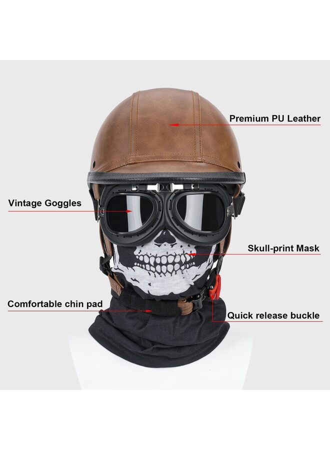 Handmade Leather Motorcycle Helmet Retro Half Face Helmet for Adults Men and Women, Lightweight Open Face 1/2 Vintage Helmets for Moped Cruiser Scooter (Brown L) - Image 4