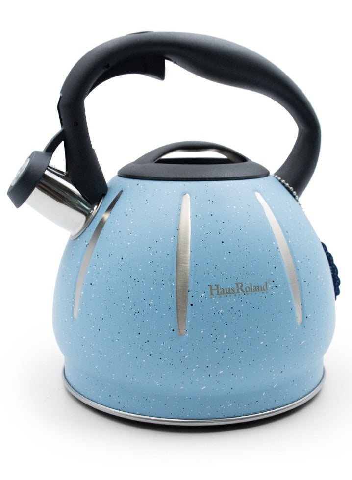 هوسرولاند غلاية شاي من الفولاذ المقاوم للصدأ، غلايات منقطة، 3 لتر، إبريق شاي صافرة، سطح الموقد، لمسة نهائية حجرية، مقبض مضاد للحرارة، مضاد للصدأ، صفارة عالية، أدوات مطبخ سريعة الغليان، غلاية منقطة بخطوط بيضاء - Image 1